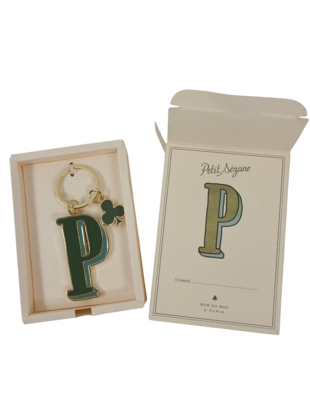 Petit Sézane Green Letter P Keyring With Clover Charm Zinc Alloy Includes Box